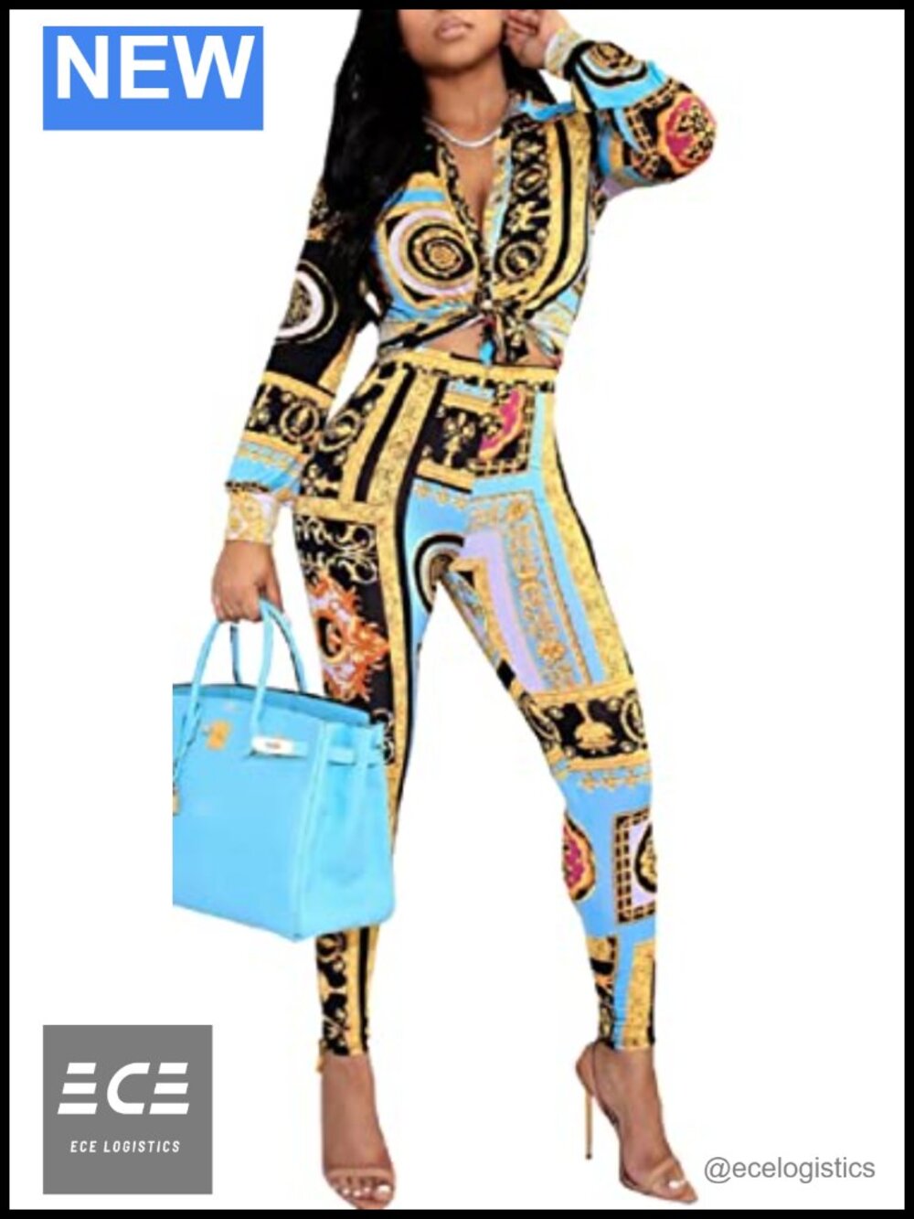 Women's 2 Piece Outfit Floral Long Sleeve Tie Front Top and Pants Set